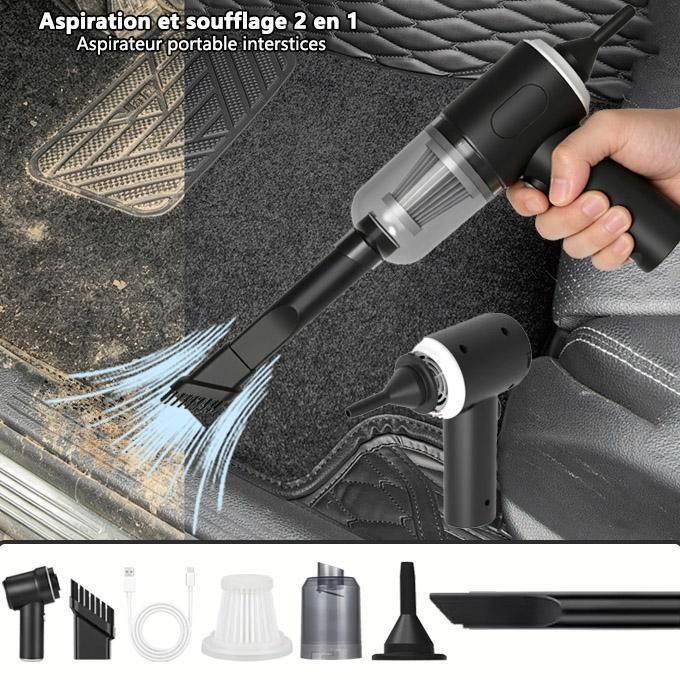Complet & Accrocheur : Mini Aspirateur Souffleur Sans Fil 2-en-1 - Portable & Puissant pour Voiture & Clavier